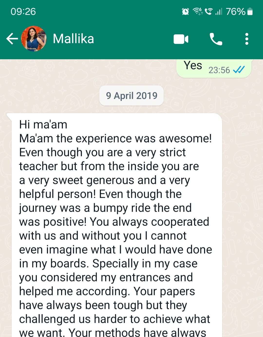 Student feedback message