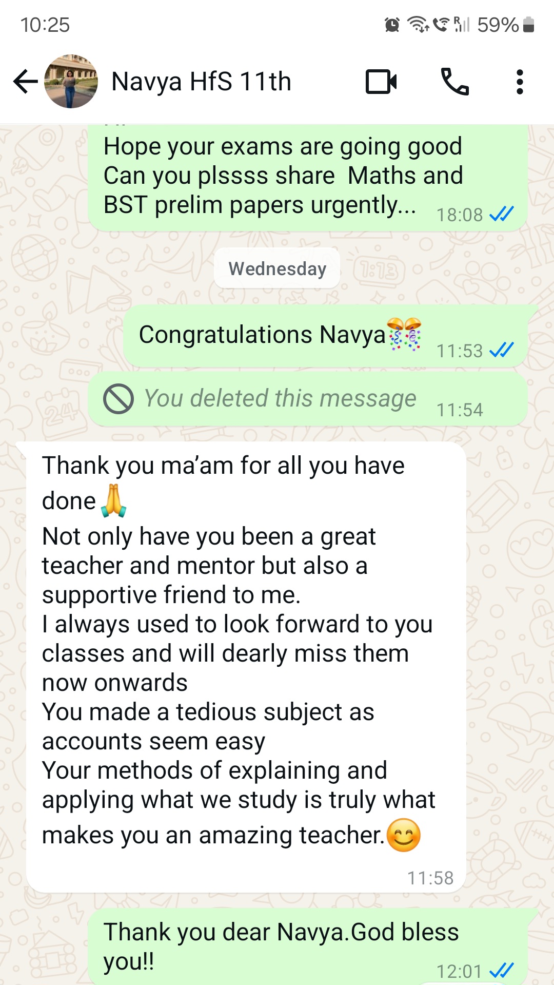 Student feedback message