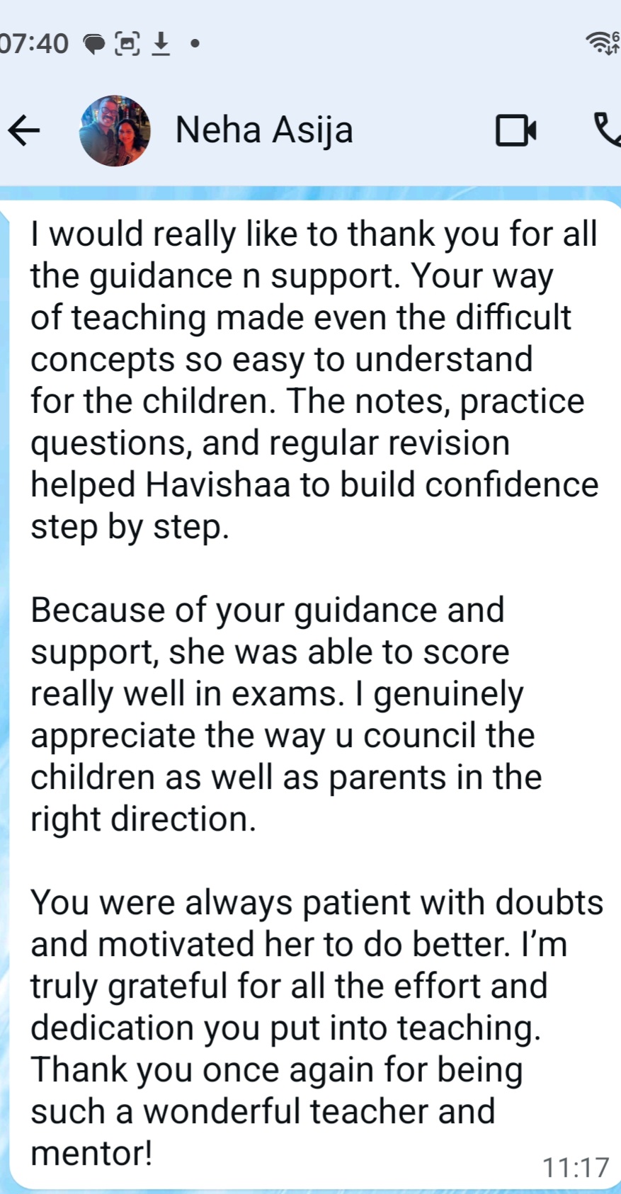 Student feedback message